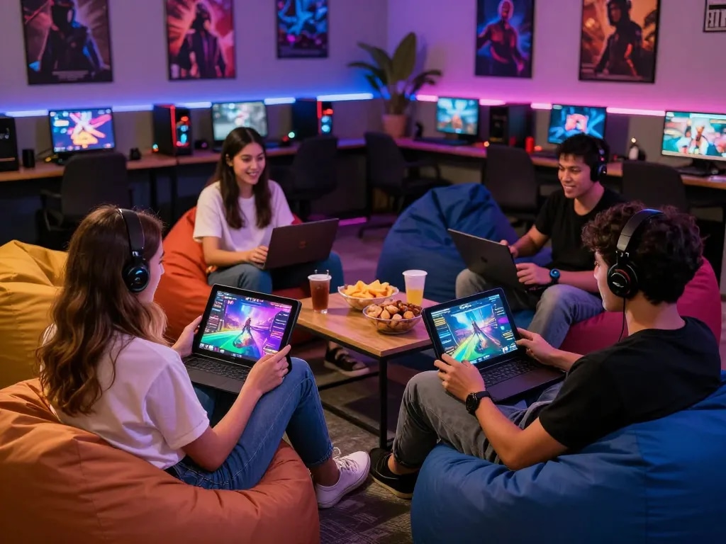 Group enjoying interactive porn ganes in a lively lounge with vibrant decor.