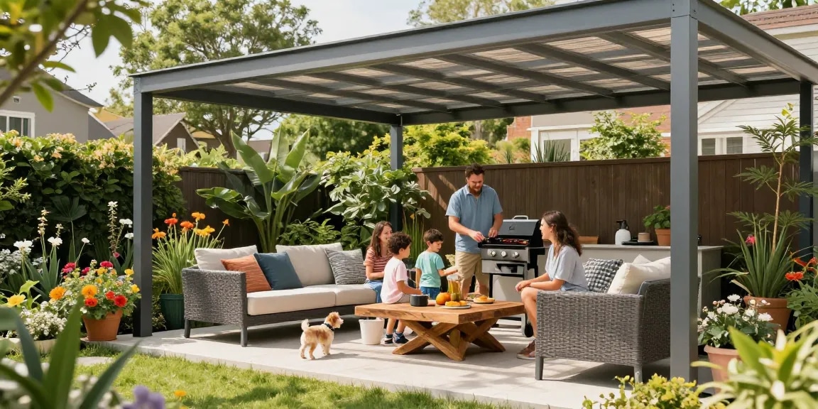 Moderne Terrassenüberdachungen in einem entspannten Garten mit Sonnenstrahlen und Familie beim Grillen