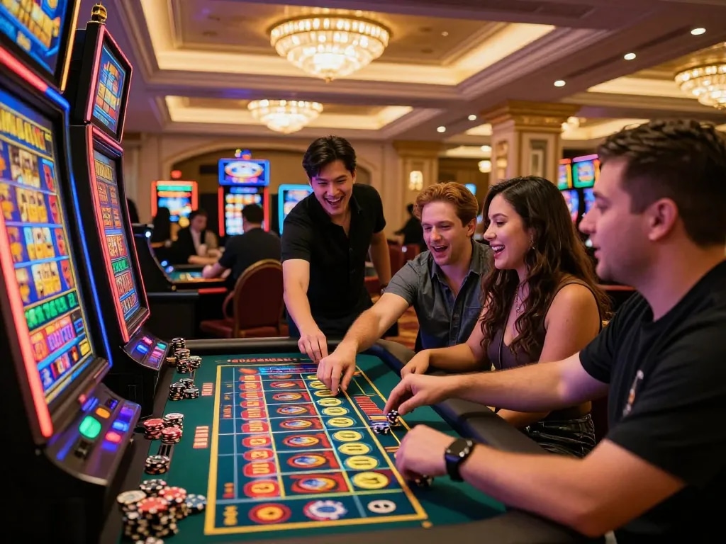 Nổ hũ players excitedly watching the spinning reels at a vibrant casino.