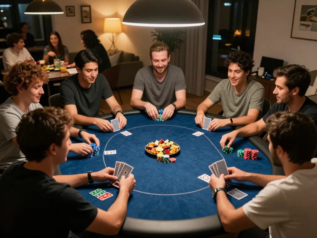 Players engaged in a thrilling poker night at home showcasing a vibrant atmosphere, with 888NEW gaming strategy elements.