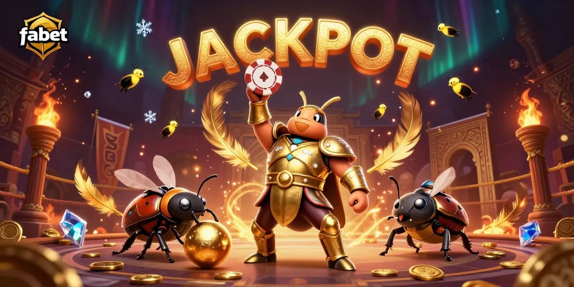 Experience the excitement of fabet with a triumphant beetle celebrating a big win in an immersive casino scene.