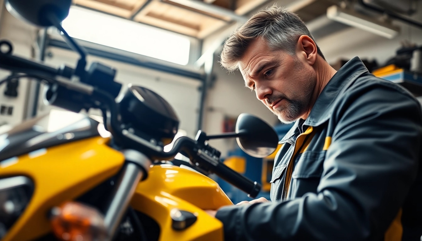 Motoradgutachten Augsburg durch einen Experten in einer gut beleuchteten Garage an einer hochwertigen Maschine.