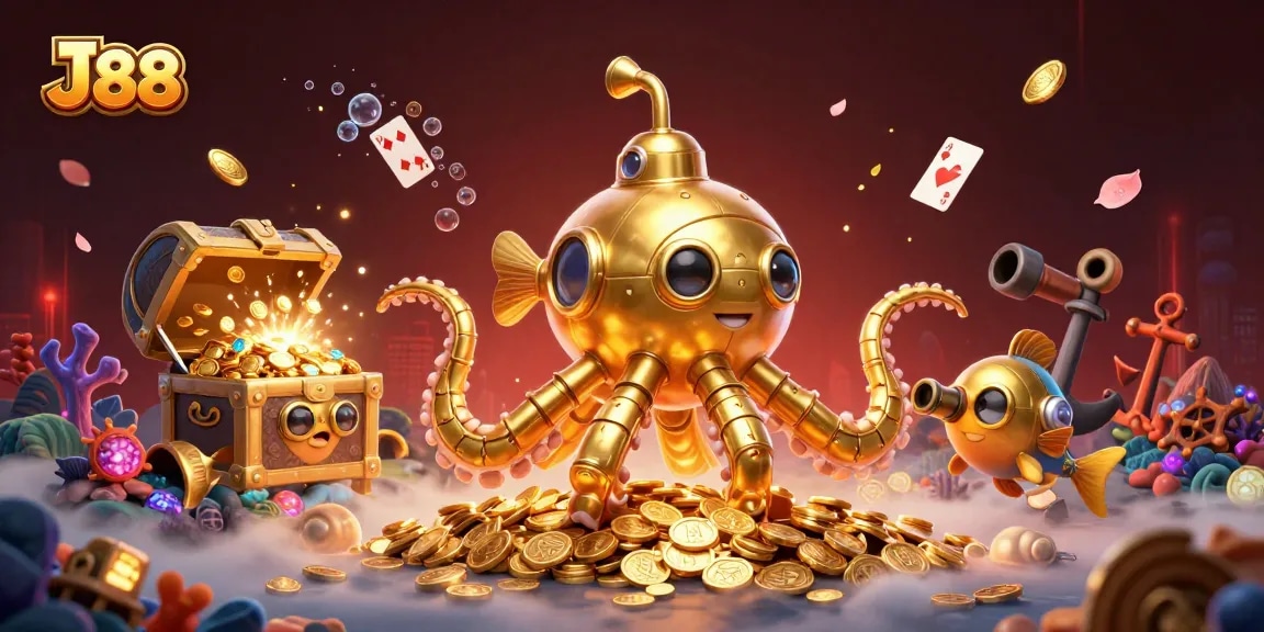 Experience thrilling fish shooting games at J 88, featuring a golden kraken submarine in a treasure-filled sea.