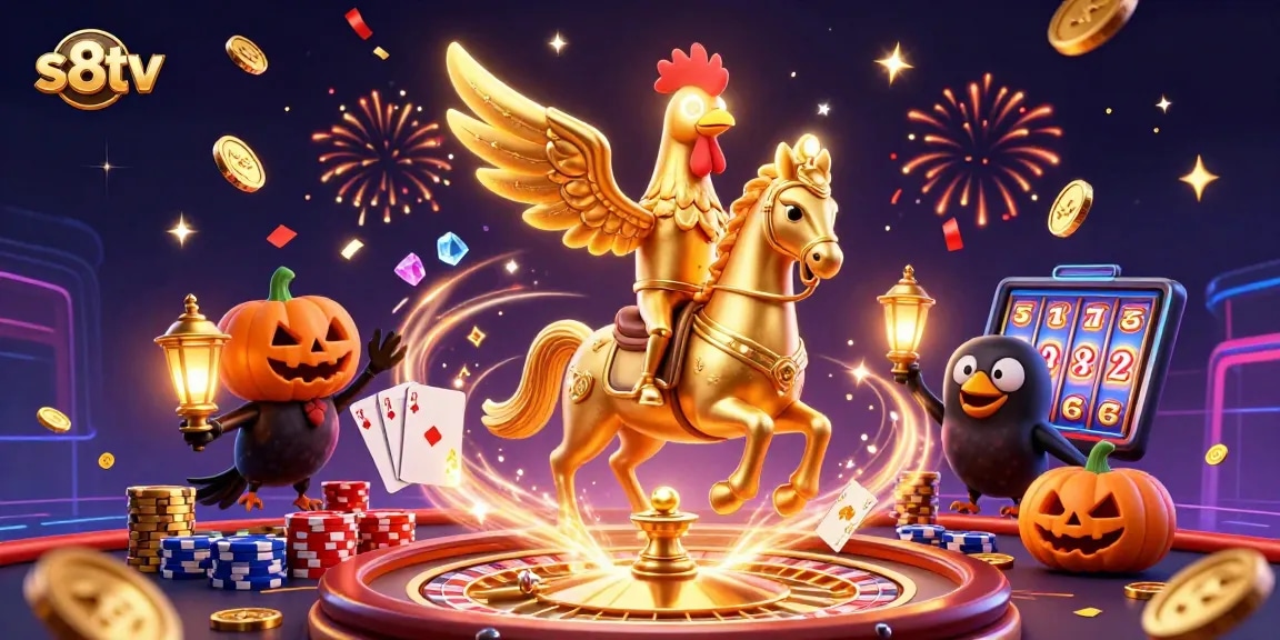 S8TV showcases a dynamic scene with a golden rooster and spectral horse, celebrating casino excitement and winning opportunities.