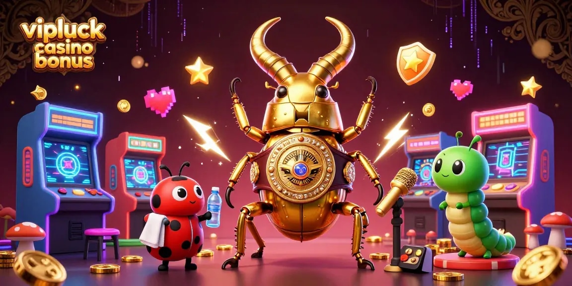 Erleben Sie den VIPLuck Casino Bonus mit einem goldenen Käfer und einer aufregenden Spielumgebung.