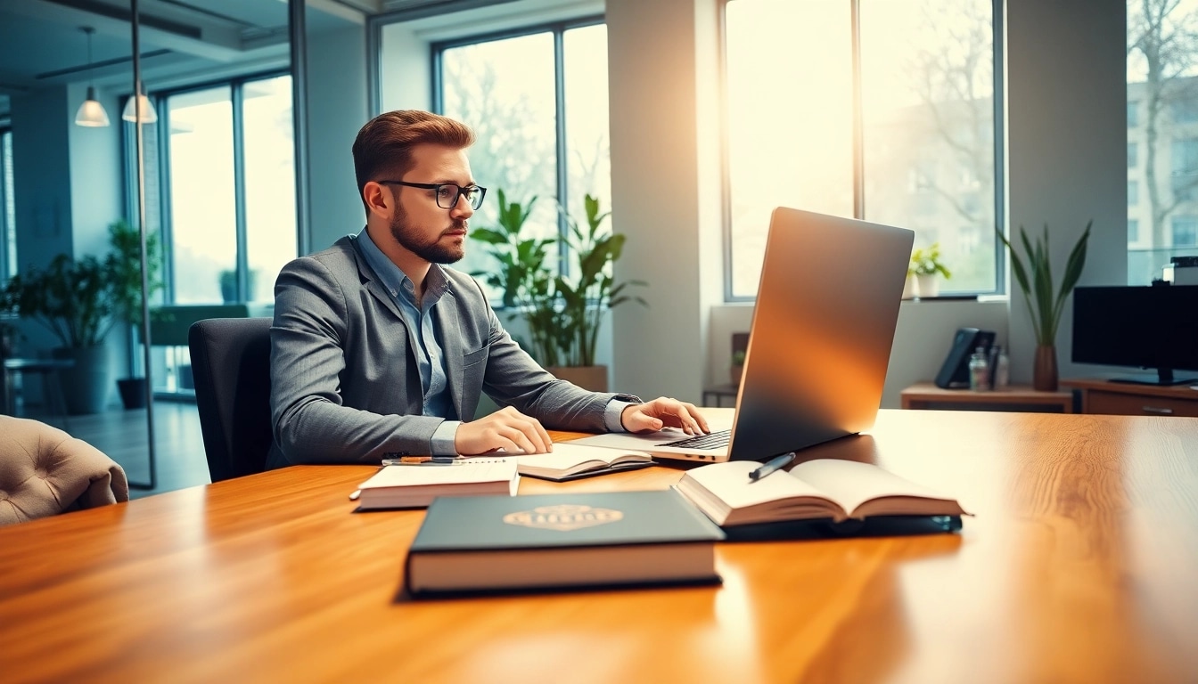 Headhunter IT bei der Arbeit am Schreibtisch, konzentriert auf den Bildschirm mit Notizen und Büchern.