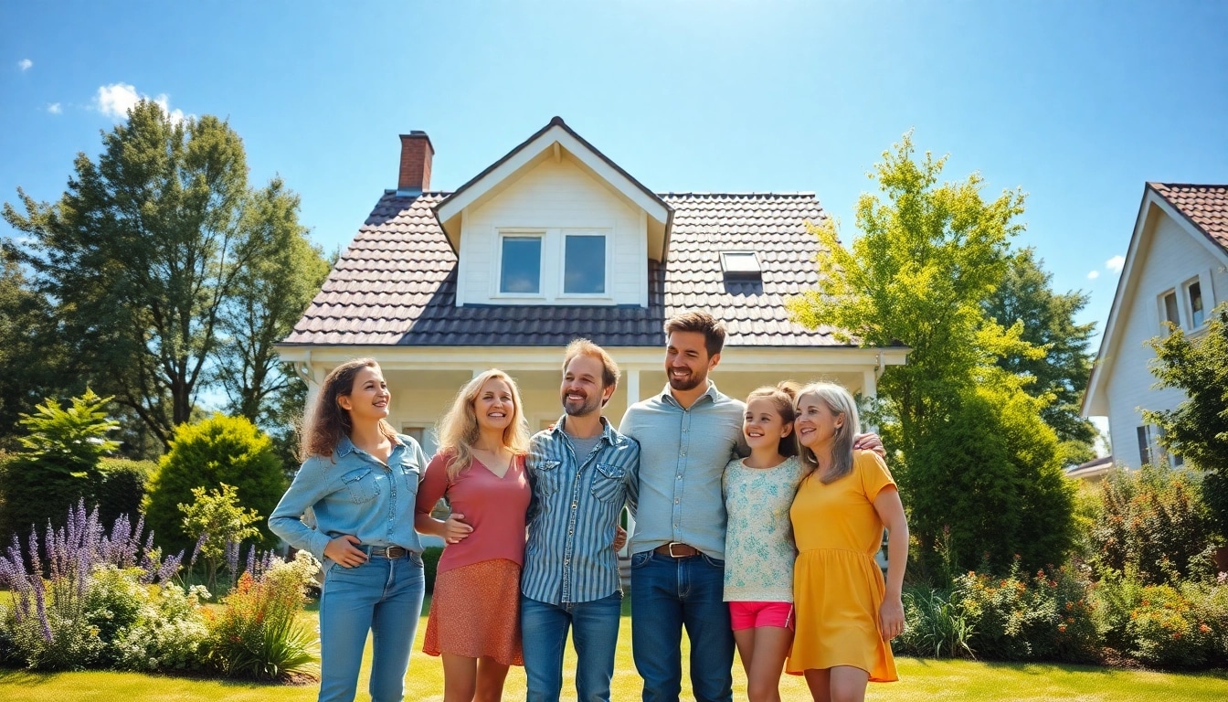 Familie genießt den Hauskauf vor ihrem neuen Einfamilienhaus im Grünen.