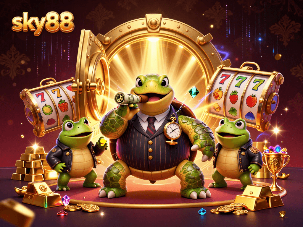 Engage in thrilling gameplay at sky88 with jewel-filled slot reels and animated casino characters.