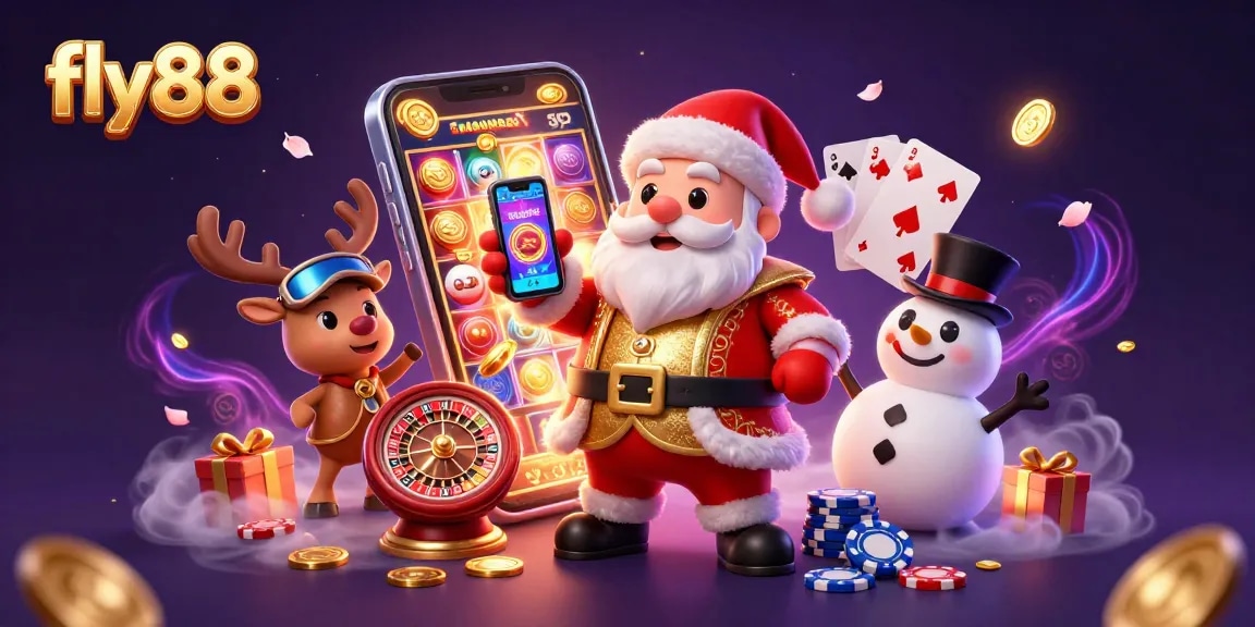 Experience the excitement of fly88 with a festive-themed casino illustration featuring Santa and friends.