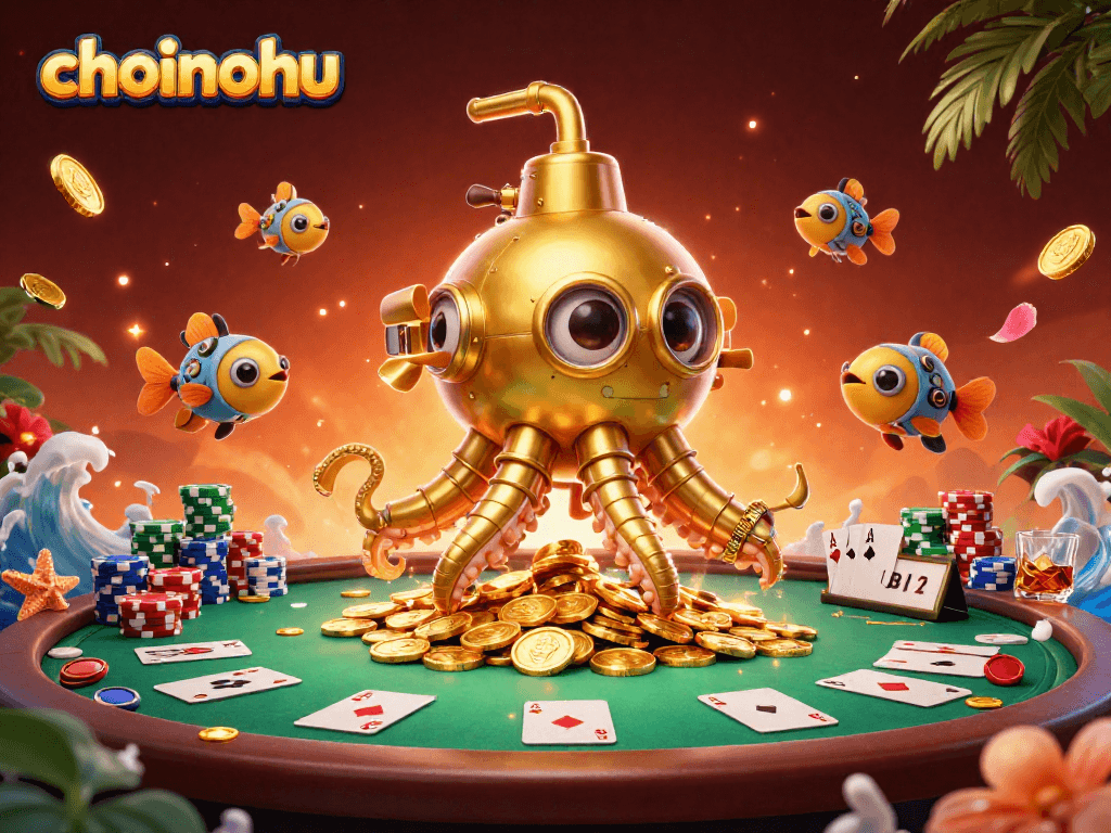 Experience thrilling casino action with choinohu's golden kraken submarine amid poker excitement.