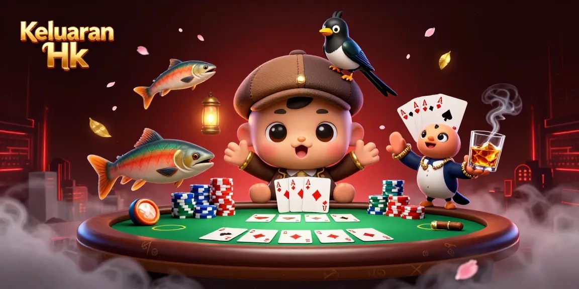 Keluaran Hk showcasing a whimsical scene with baby Nessie, a magpie, and salmon around a vibrant poker table.