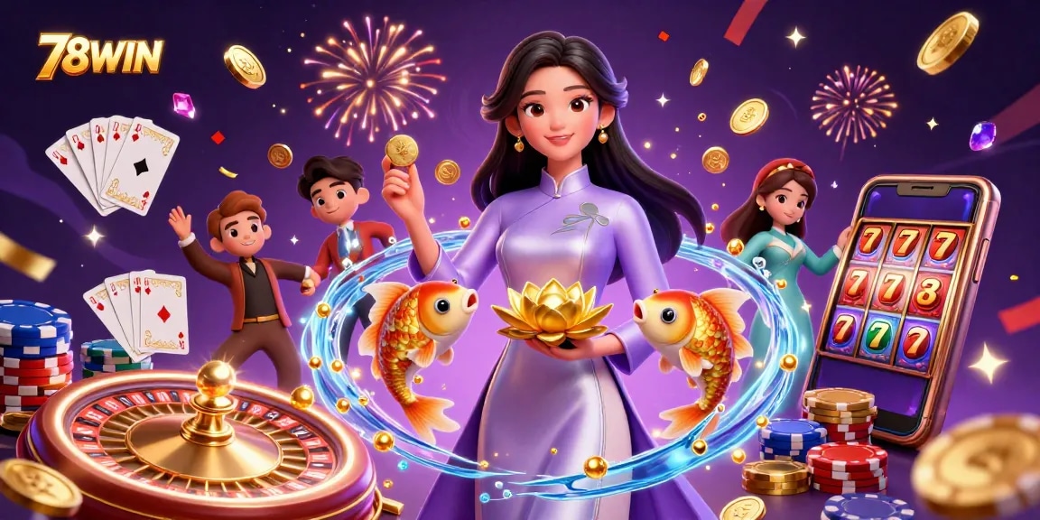 Experience winning with 78WIN in a festive casino illustration showcasing vibrant characters and game elements.