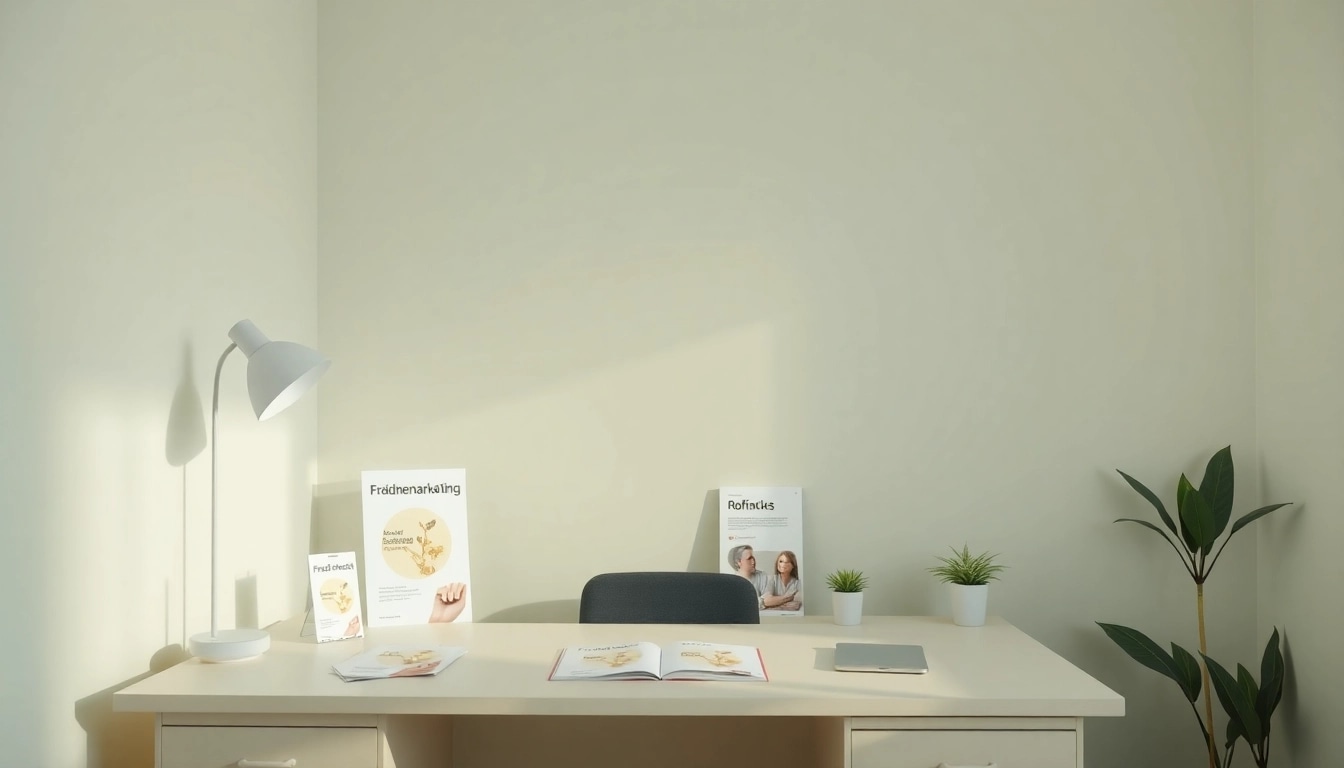 Pflegemarketing marketing materials on a stylish desk, emphasizing strategic design and organization.