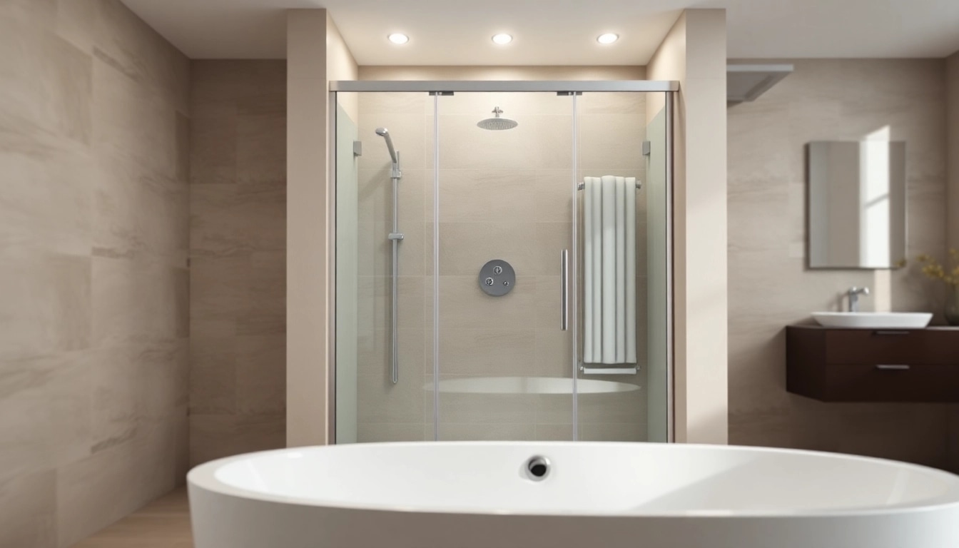 Eine elegante duschkabine 80x80, die in einem modernen Badezimmer eingebaut ist und stimmungsvolles Licht ausstrahlt.