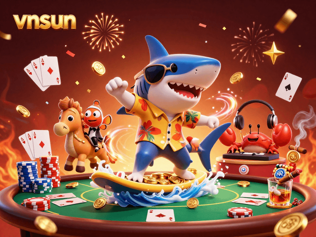 Enjoy thrilling slots at vnsun with a playful scene featuring a shark surfing on gold coins.