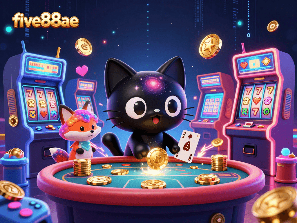 Experience the excitement of five88ae with a black hole cat and nebula fox at a cosmic casino table.