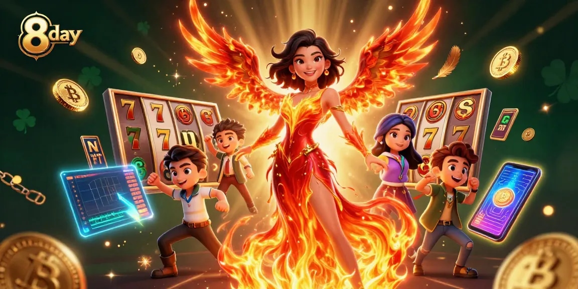 Engage in thrilling 8 day casino games with a stunning Asian character amidst vibrant slot elements.