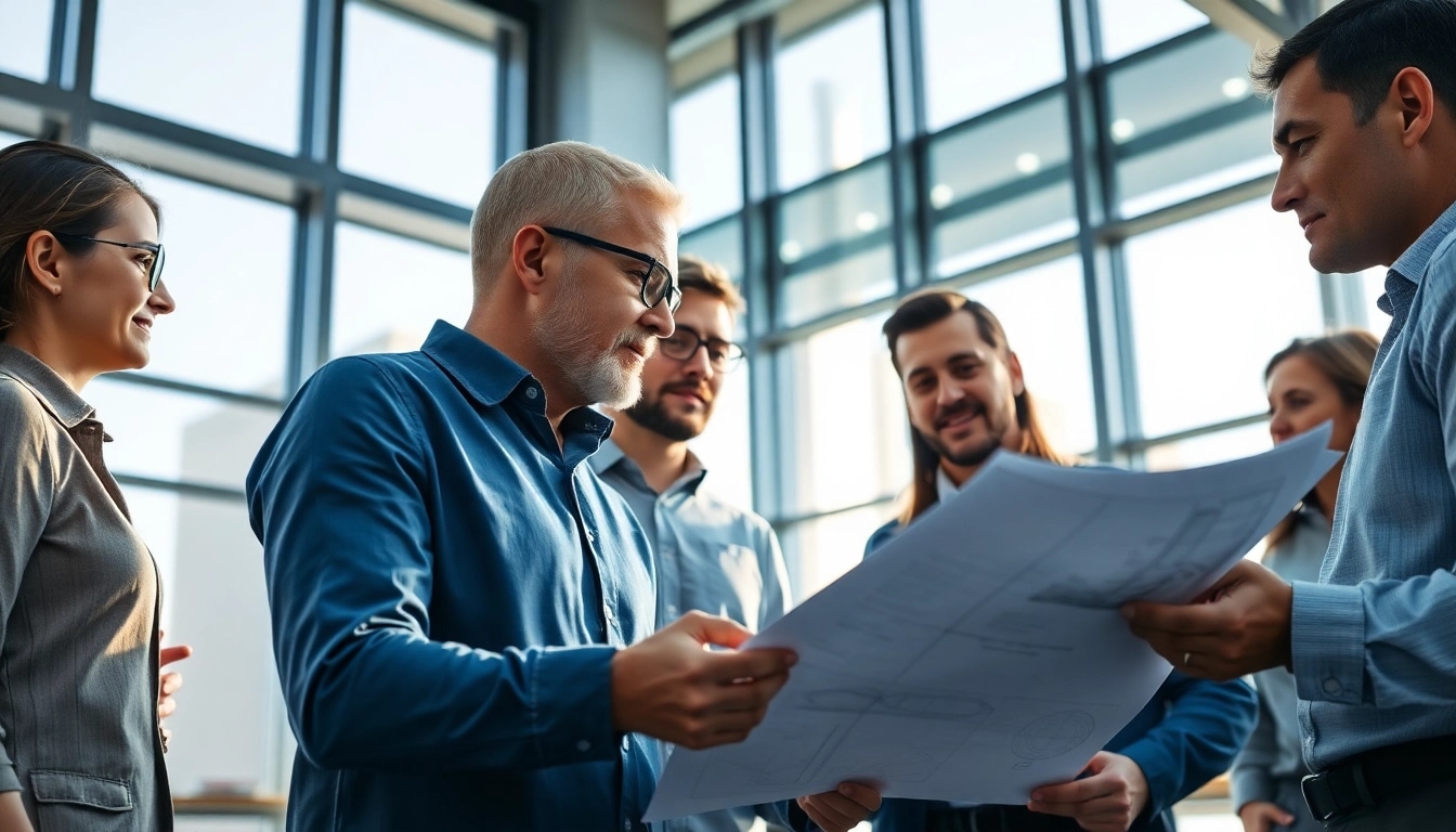 Headhunter Ingenieure in einem modernen Büro, die an technischen Zeichnungen arbeiten und teamwork zeigen.