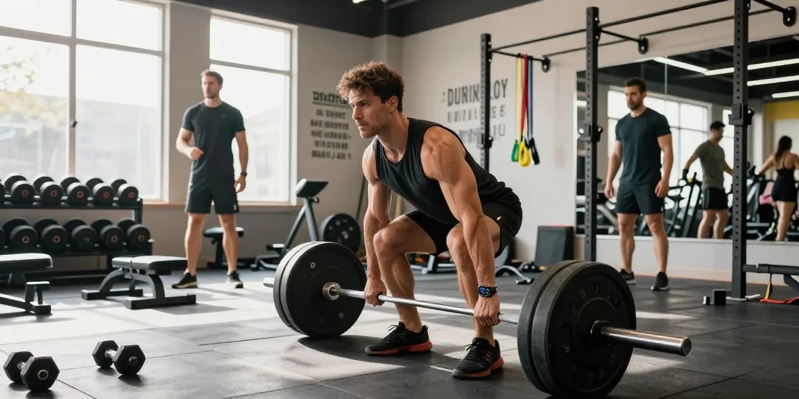 Dynamische Fitnessszene im Anabolika Shop Deutschland Fitnessstudio, die das Engagement und die Stärke eines Athleten zeigt.