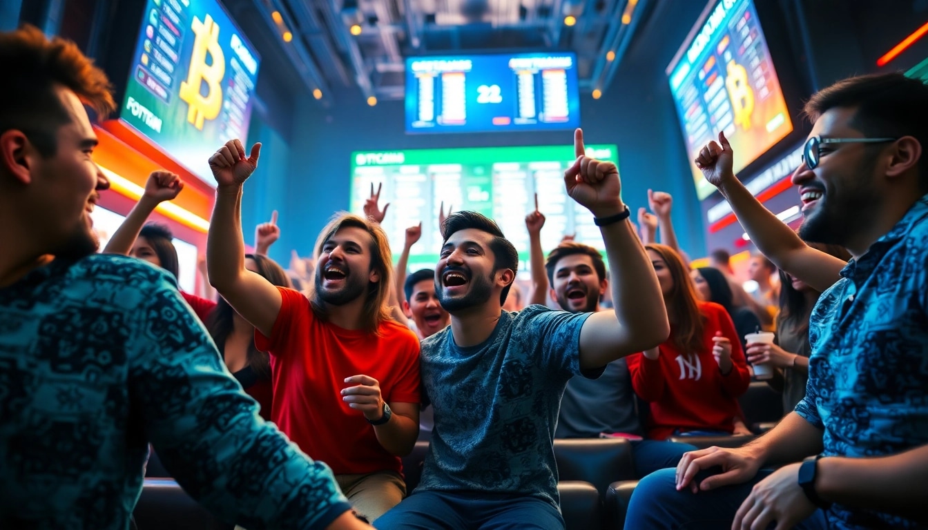 Experience the excitement of Bitcoin online sports betting with fans cheering in a vibrant lounge.