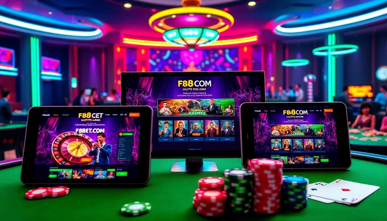 Engage with F8BET COM casino's vibrant gaming experience featuring roulette and poker tables.