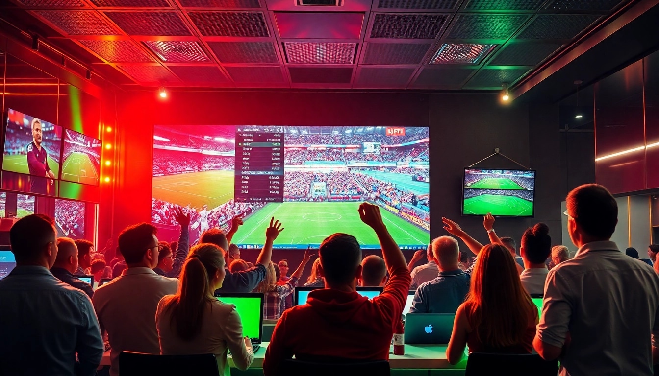 Erleben Sie Wettanbieter ohne Limit in einem hochmodernen Wettbüro mit jubelnden Menschen und Live-Sportereignissen.