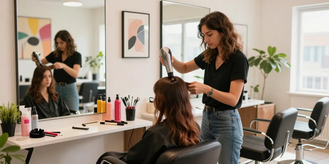 Client enjoying a mini hair dryer treatment at a chic salon, showcasing vibrant color products and stylist's tools.