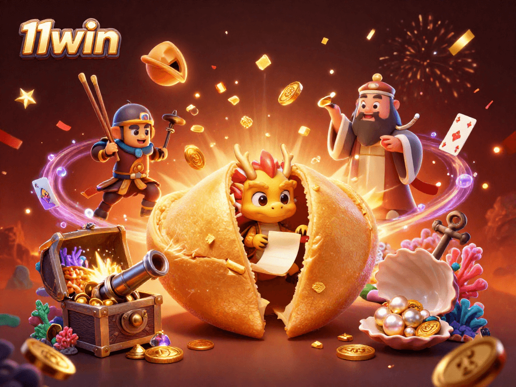 11win players winning gold in vibrant casino scene with fortune cookie and dragon elements.