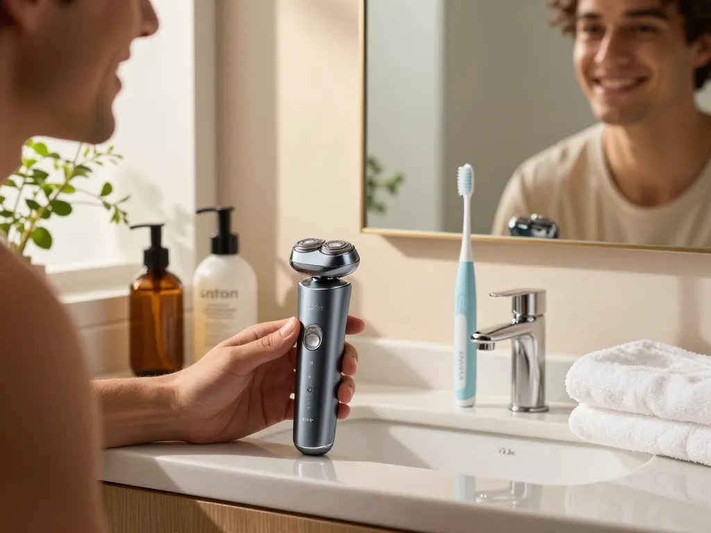 Präsentation des elektrischen Rasierers und der Zahnbürste von Laifen Europe in einem luxuriösen Badezimmer, das stilvolles Grooming hervorhebt.