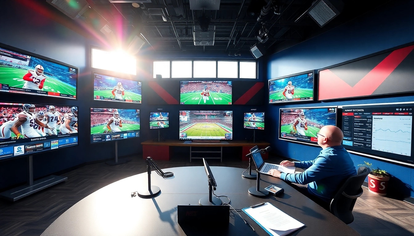 Engaging sports broadcasting scene with broadcasters analyzing live events and graphics.