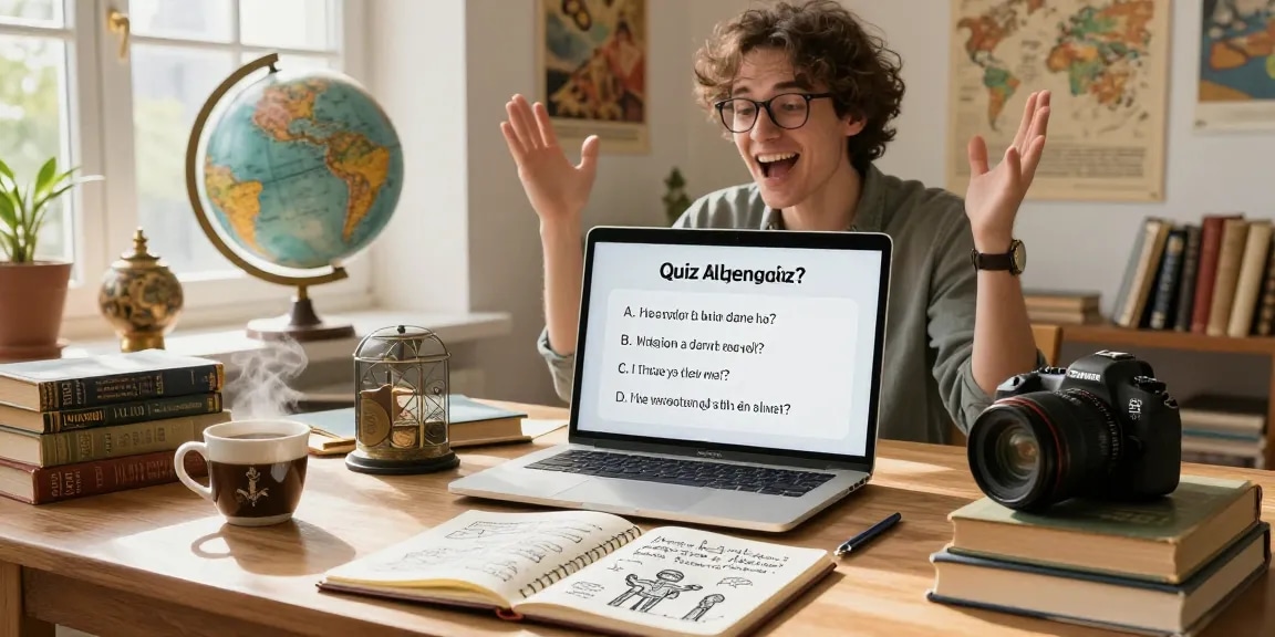 Quiz Allgemeinwissen scene with a user engaging with trivia questions in a cozy study.