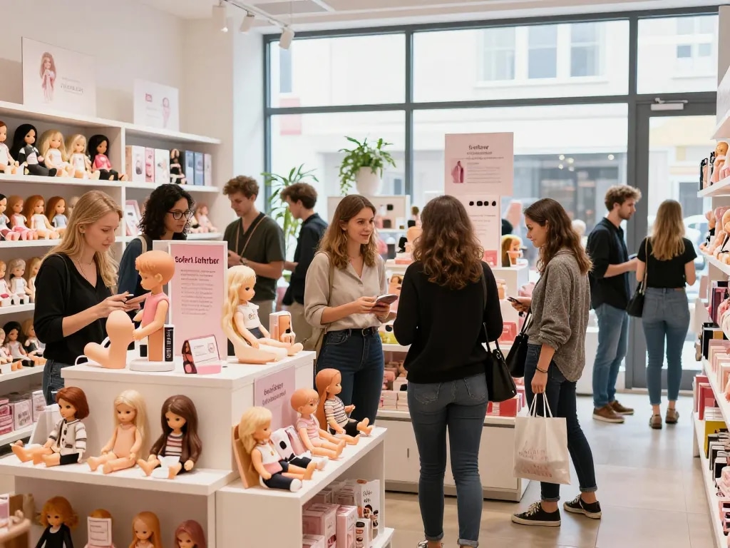 Sofort Lieferbar Sexpuppen in einem lebhaften Einzelhandelsgeschäft ausgestellt, das vielfältige Kundeninteraktionen und freundlichen Service hervorhebt.
