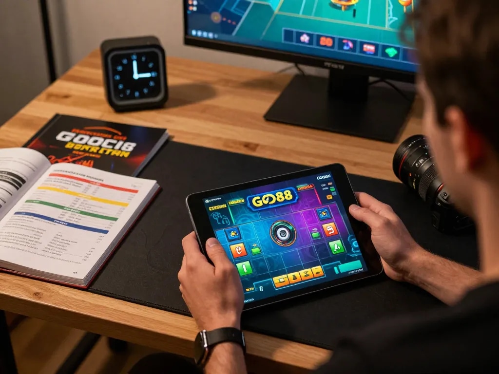 Engaging in GO88 online gaming with tablet at a stylish home office.