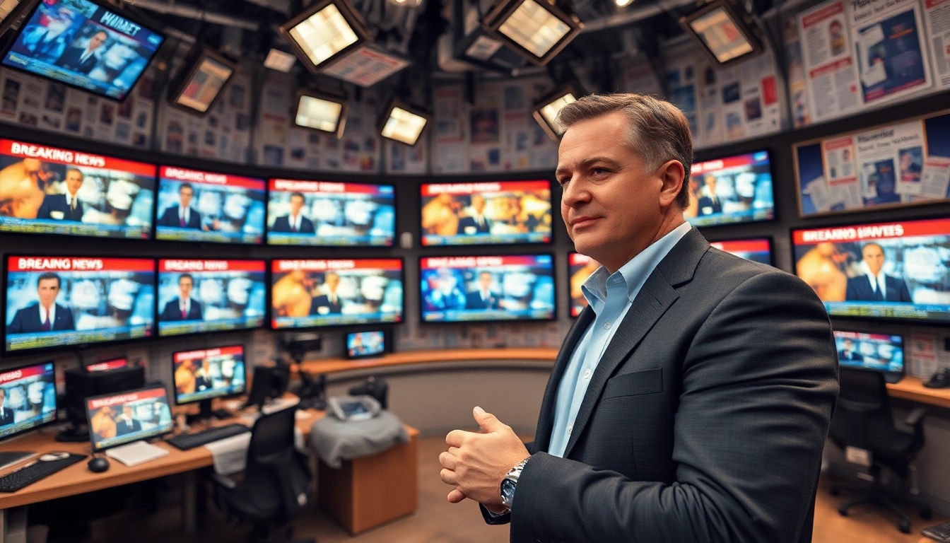 Aktuelle Meldungen bei einem Nachrichtensprecher im Studio präsentieren.