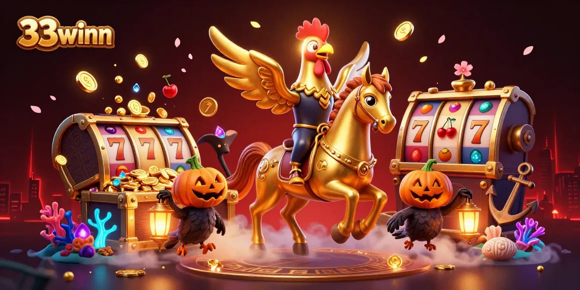 Experience the thrill of 33winn with a golden rooster mascot in a vibrant casino scene.
