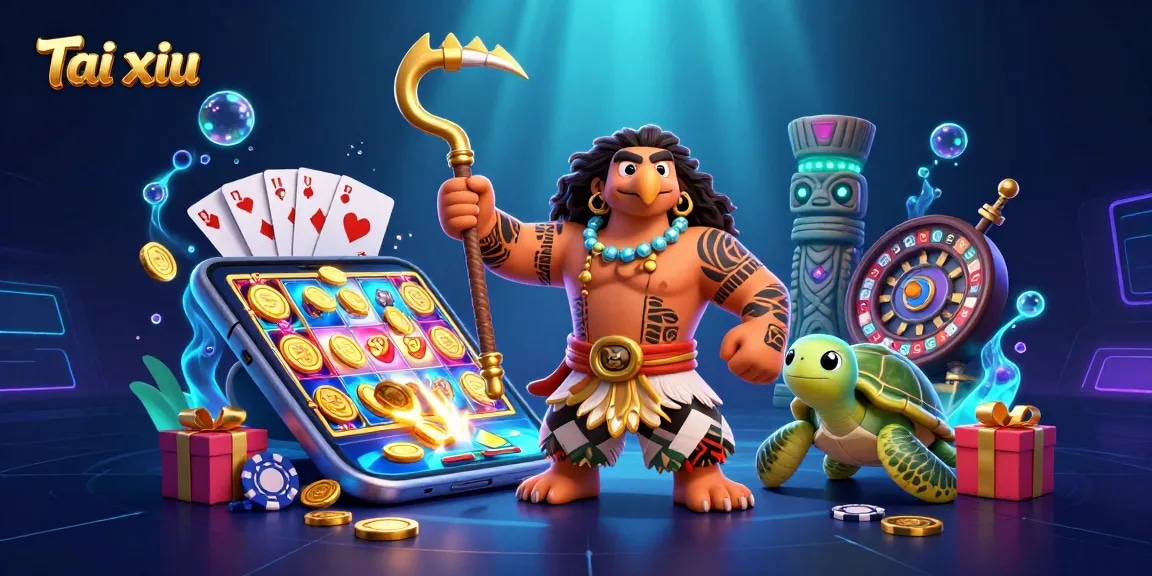 Engage in Tai xiu with a vibrant 3D illustration showcasing lively characters, dynamic game elements, and glowing effects.
