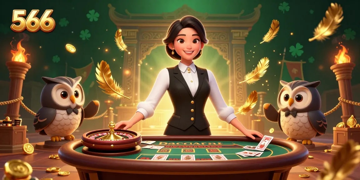 Experience exciting baccarat at 566 with an elegant dealer and vibrant casino atmosphere.