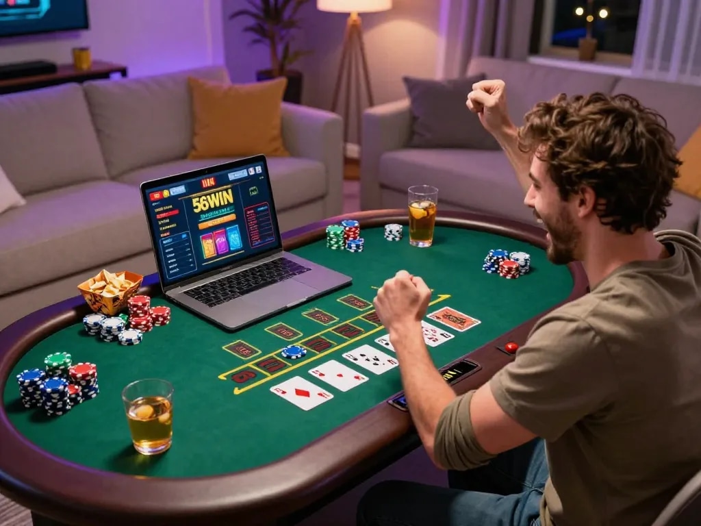Player experiencing a thrilling victory on 56WIN's live dealer blackjack game in a cozy home setting.