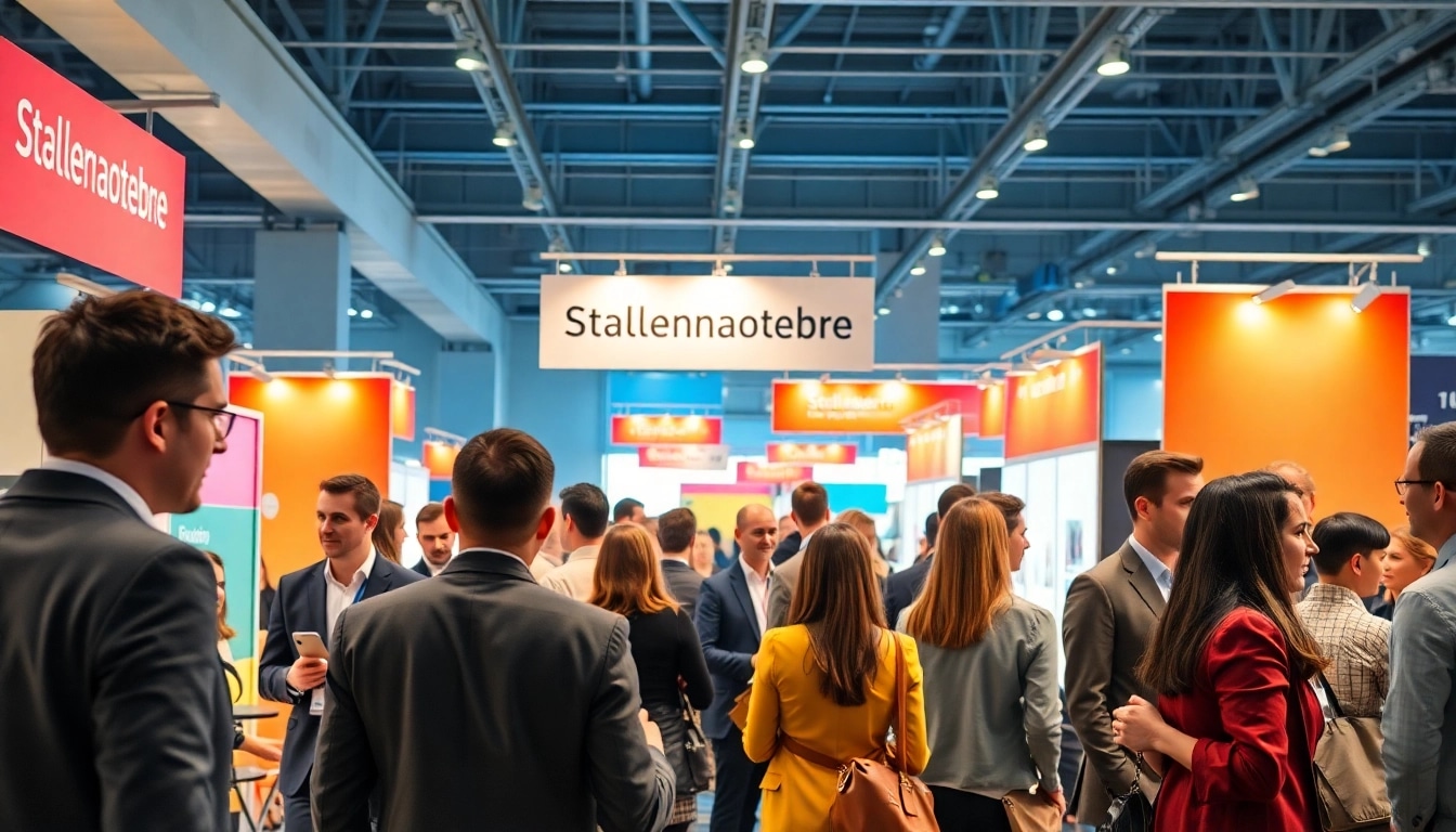 Attendees exploring Stellenangebote at a vibrant career fair, networking among peers.