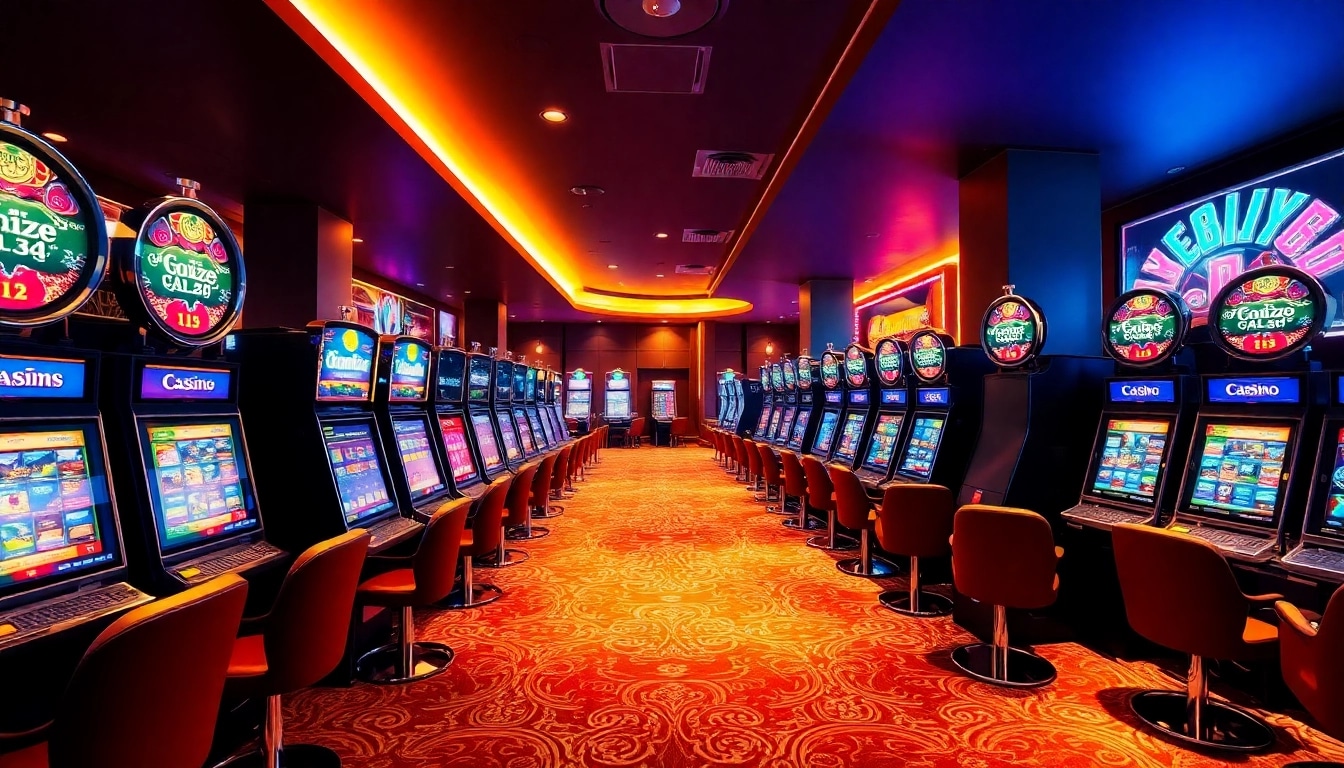 Erleben Sie das aufregende Ambiente eines Casinos ohne Anmeldung mit stilvollen Spielautomaten im Vordergrund.