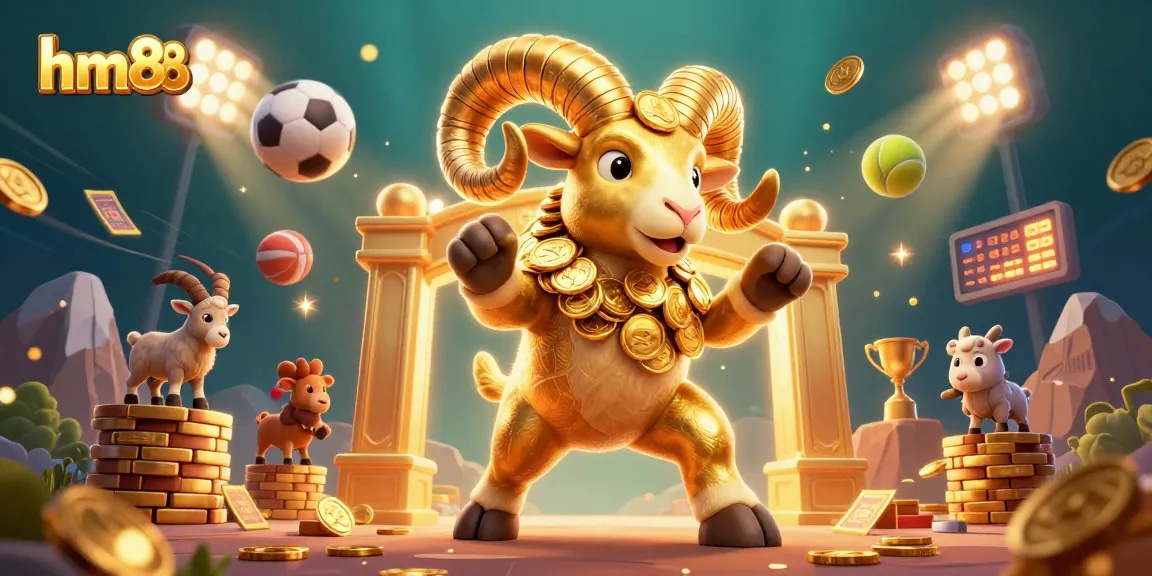 Experience the thrill of betting with hm88 as a golden ram charges through casino-themed elements filled with action.