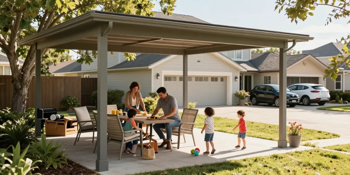 Ein Carport schützt Fahrzeuge, während die Familie im Freien entspannt und Möbel zusammenstellt.