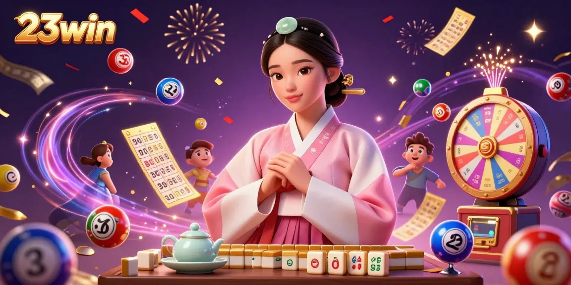 Experience the excitement of 23win with vibrant lottery elements and a serene Asian figure celebrating casino wins.