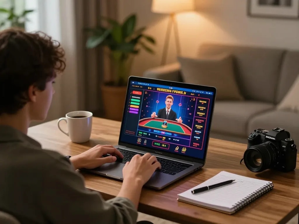 KJC engaging in online casino strategy session at home, showcasing vibrant gaming interface.