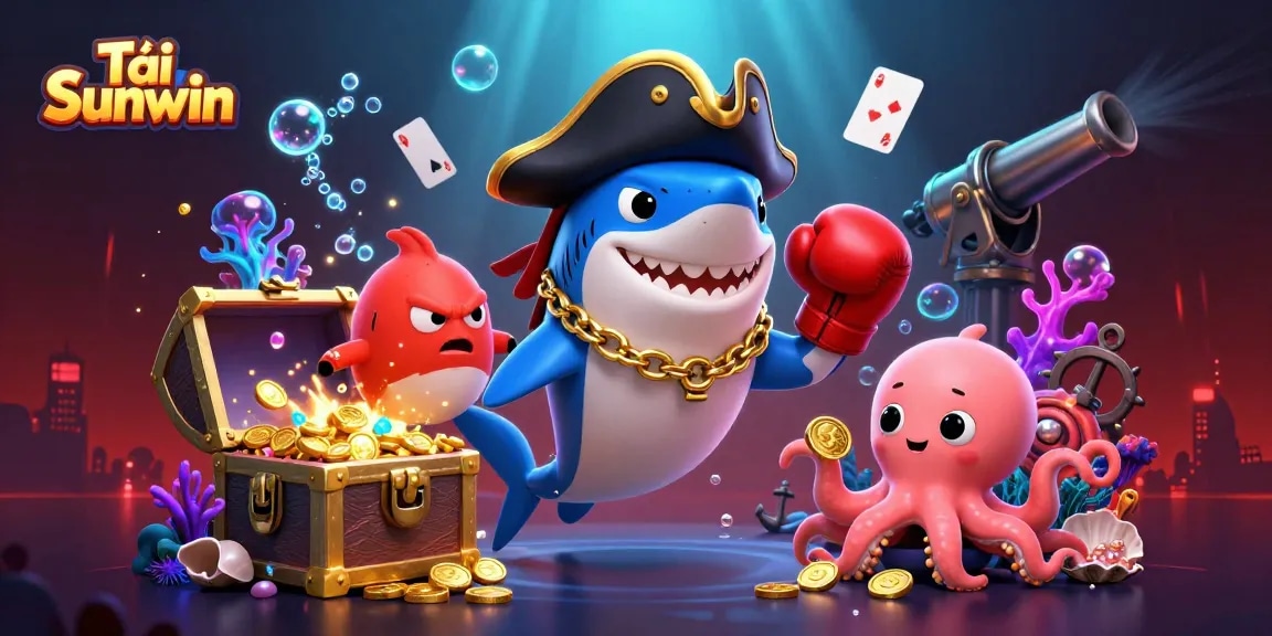 Engage in fun with Tải Sunwin featuring a pirate shark and friends amidst treasures.