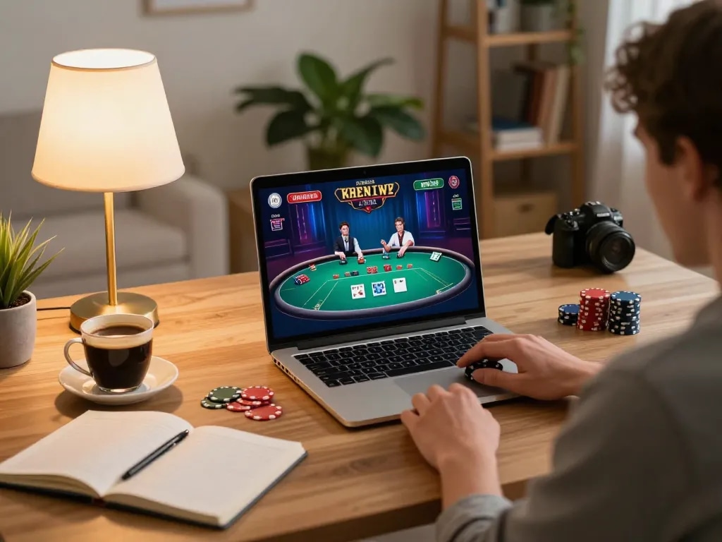 Engaging online gaming experience showing Link SC88 and poker gameplay on a laptop at home.