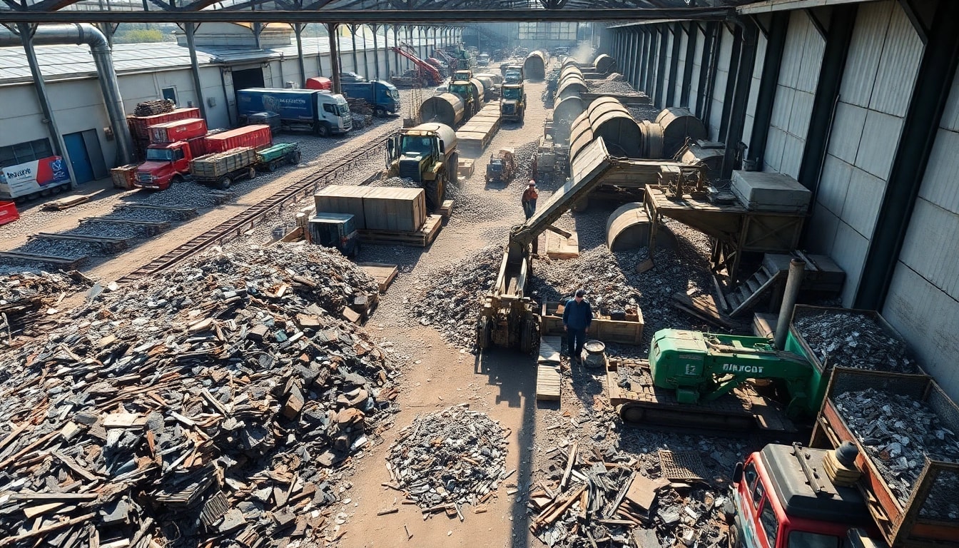 Efficient Schrottabholung Remscheid service with workers handling scrap metal at a vibrant recycling facility.