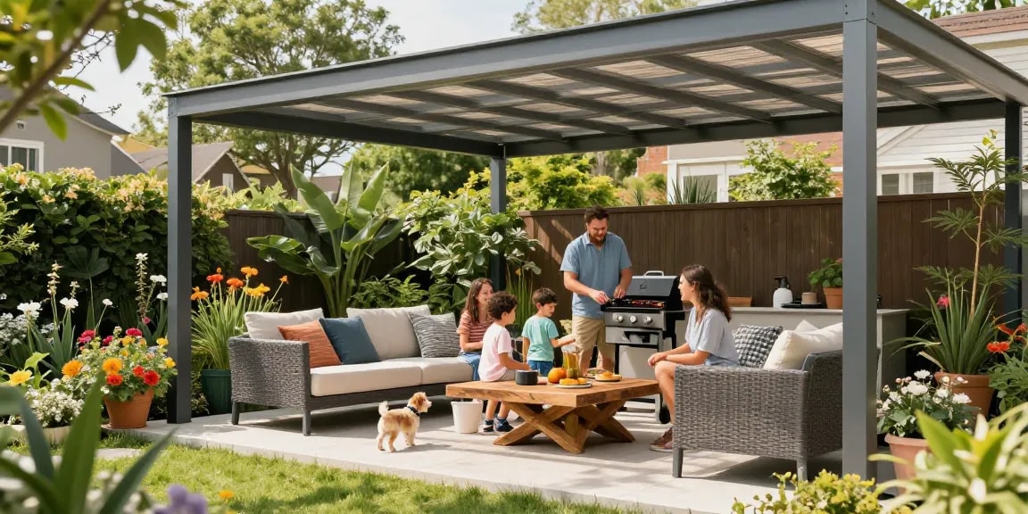 Moderne Terrassenüberdachungen in einem entspannten Garten mit Sonnenstrahlen und Familie beim Grillen