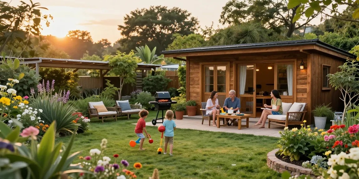 Gartenhäuser im Grünen mit Familie beim Grillen und Spielen im Garten.