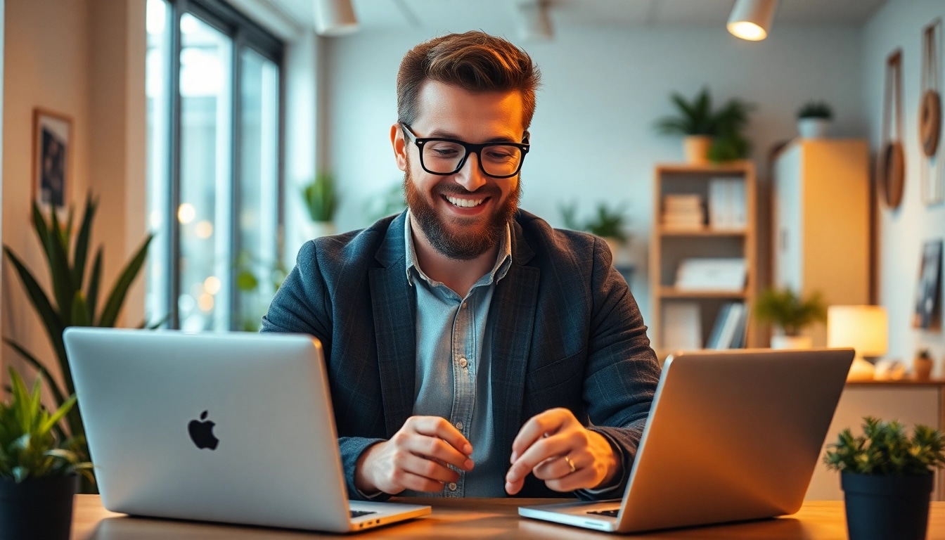 Stellenangebote: Bei der Jobsuche in einem modernen Büro mit Laptop und Bildschirm Unterstützung erhalten.